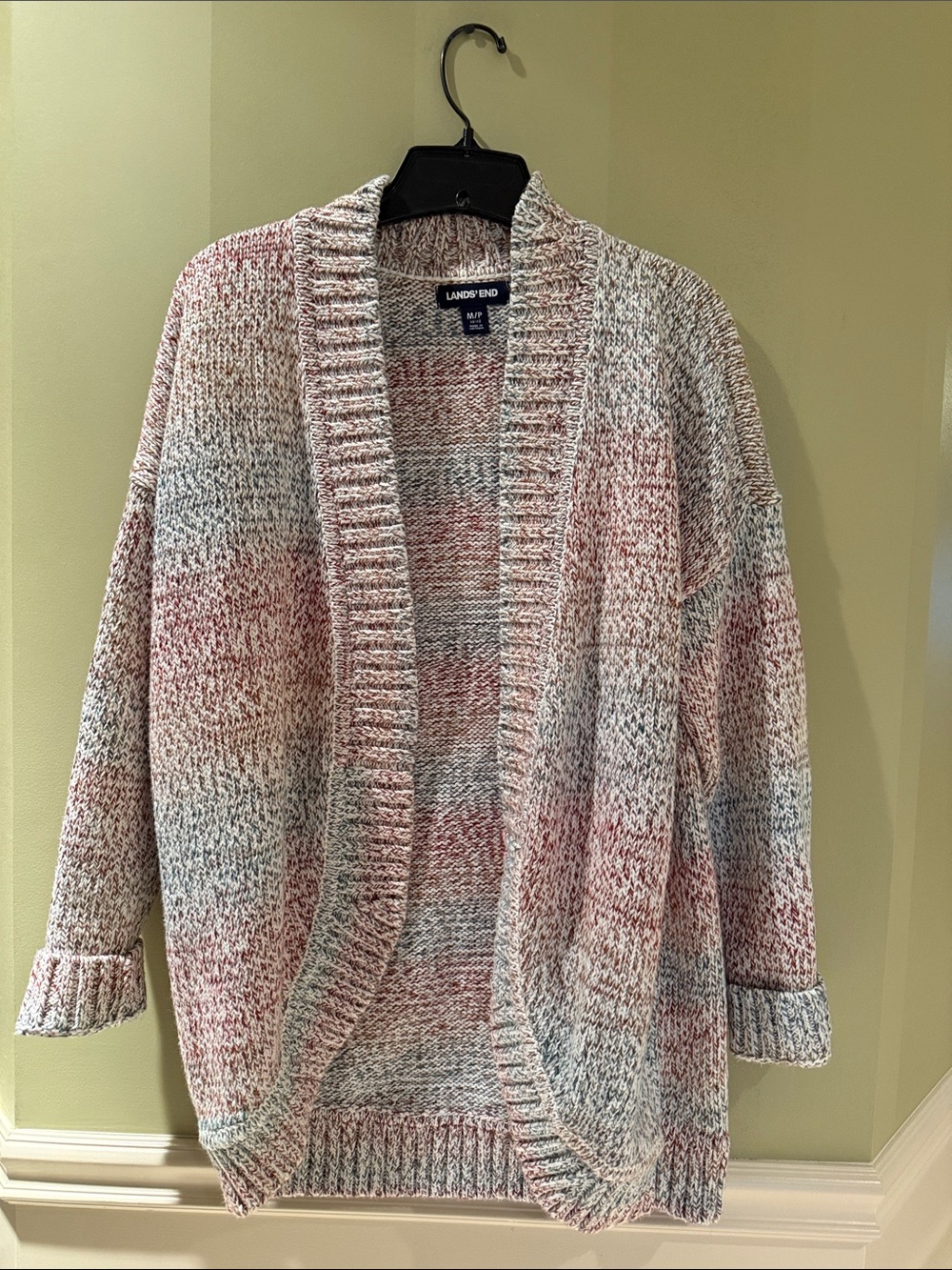 Lands' End Marled Pink and Gray Open-Front Cardigan. (Off)